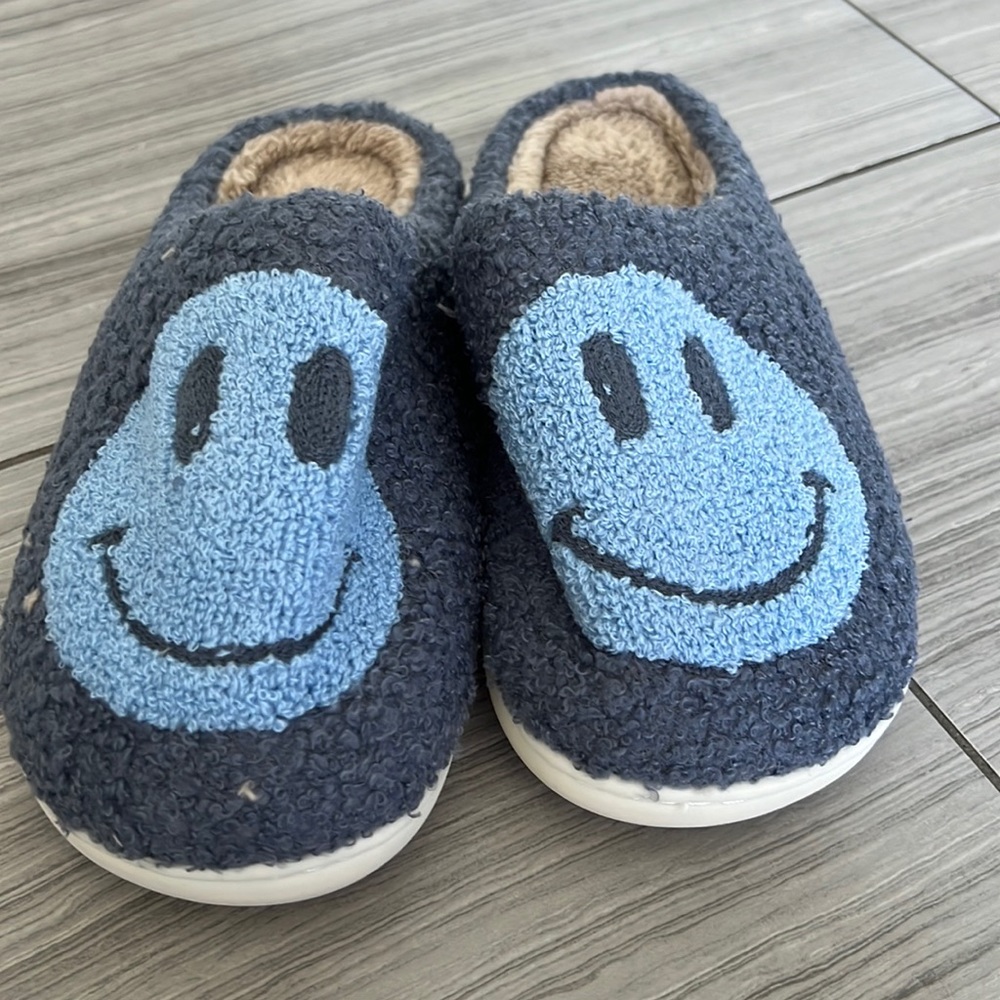 Blue and Grey Smiley Face Slippers